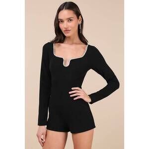 Lulus Marvelous Sparkle Black Rhinestone Long Sleeve Romper - Size XS